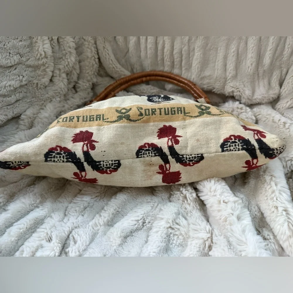 Vintage Portugal Rooster Fabric Woven Bamboo Top Handle Boho Bag